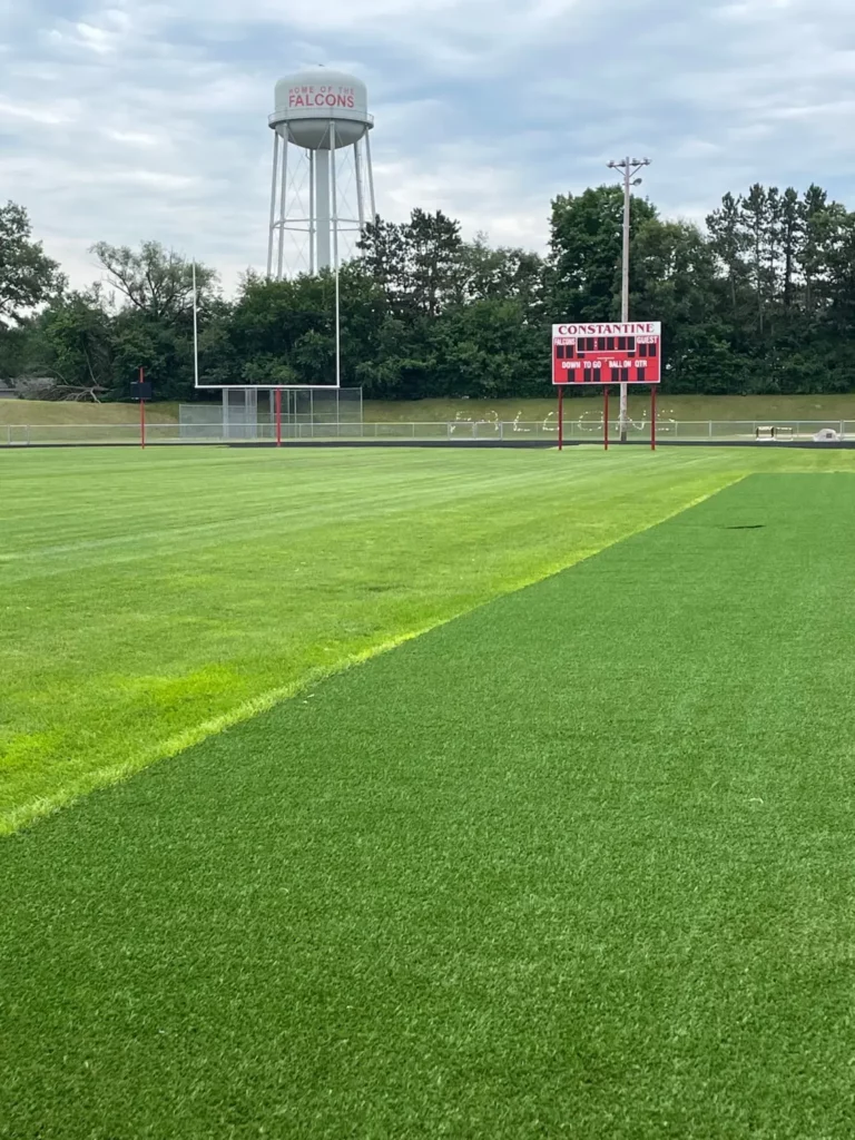 SportsGrass Edge XP artificial turf installation at Constantine High School Falcons football field with scoreboard and water tower.