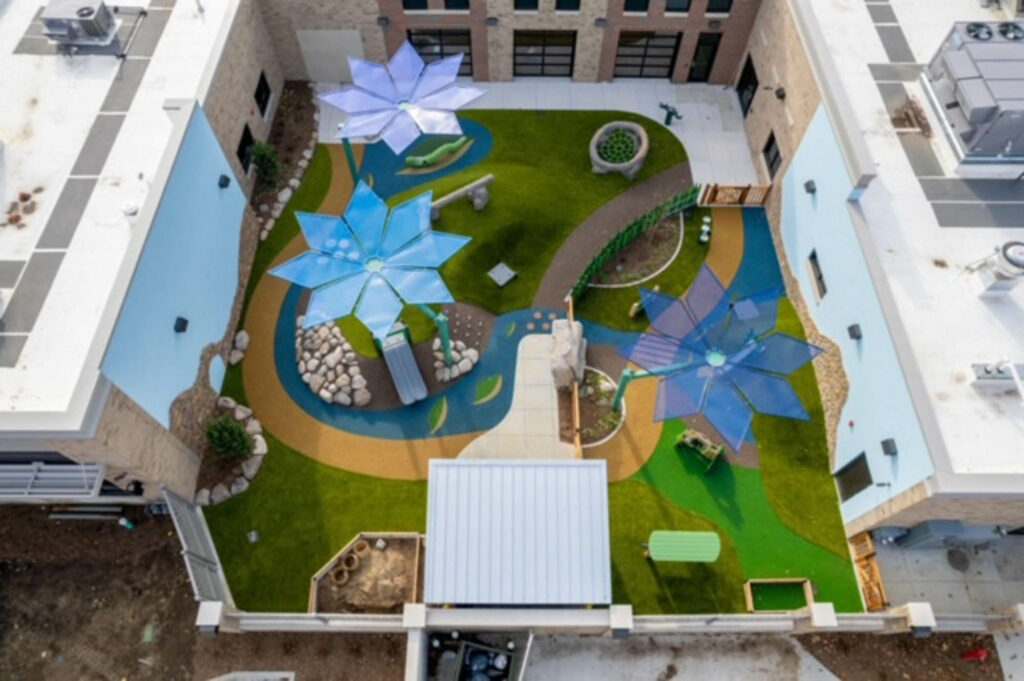 Aerial view of colorful children's playground courtyard with artificial turf, giant flower shade structures, and winding pathways.
