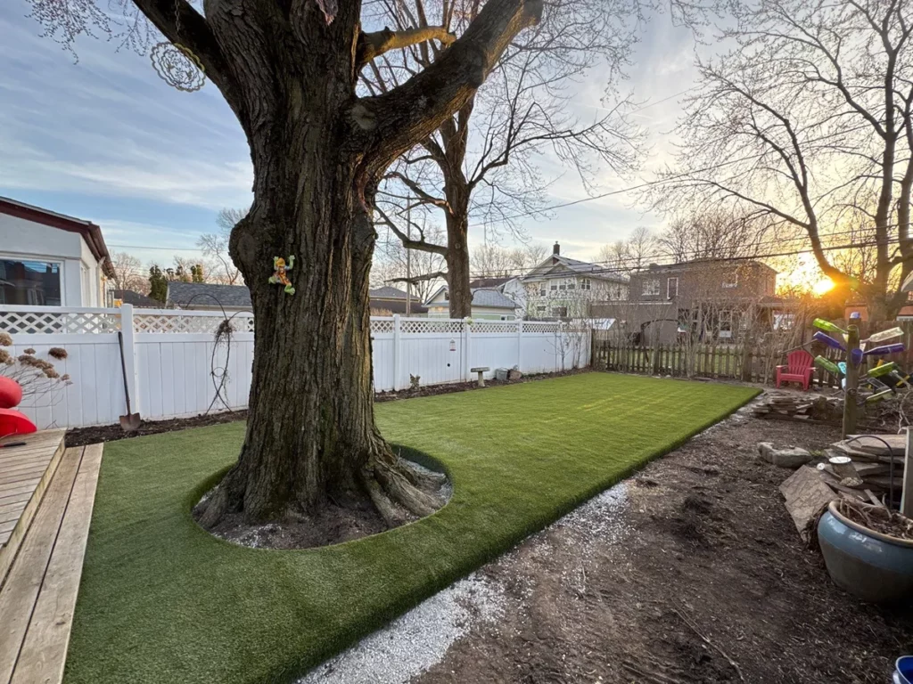 K9Grass artificial turf installed around large tree base in fenced suburban backyard at sunset, Fort Wayne residential pet yard