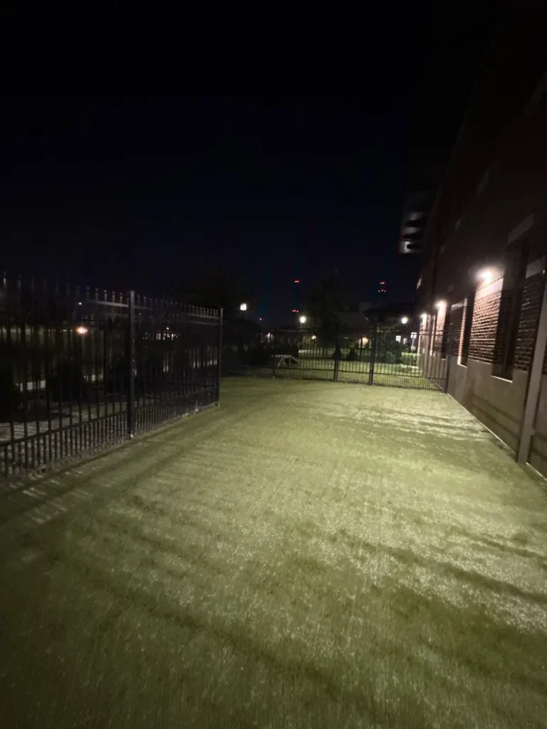 Night view of K9Grass Elite artificial turf dog run at veterinary clinic, enclosed by black metal fence with exterior lighting.
