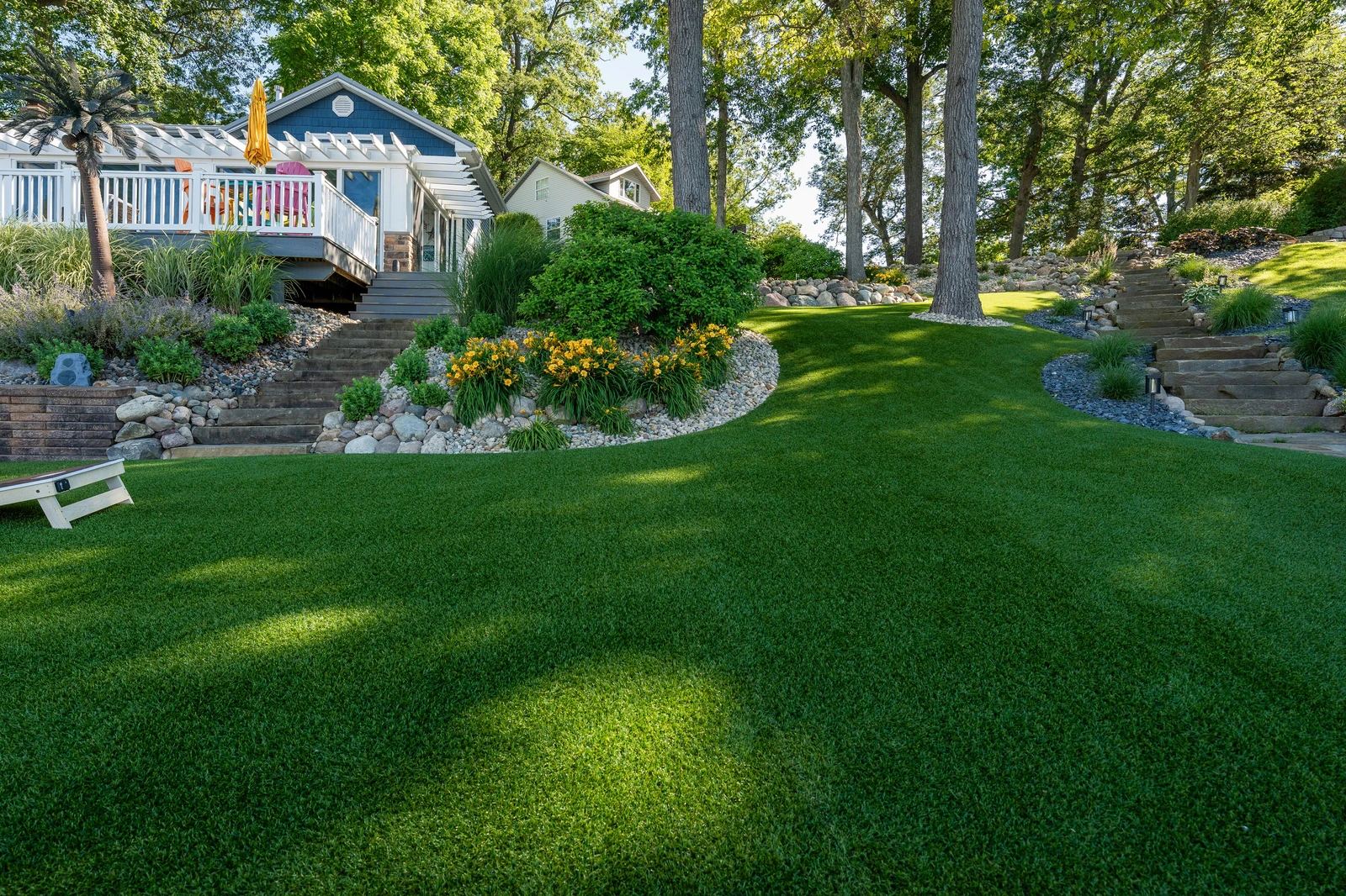LandScapes® Verana artificial turf installation at Big Long Lake, Wolcottville, Indiana