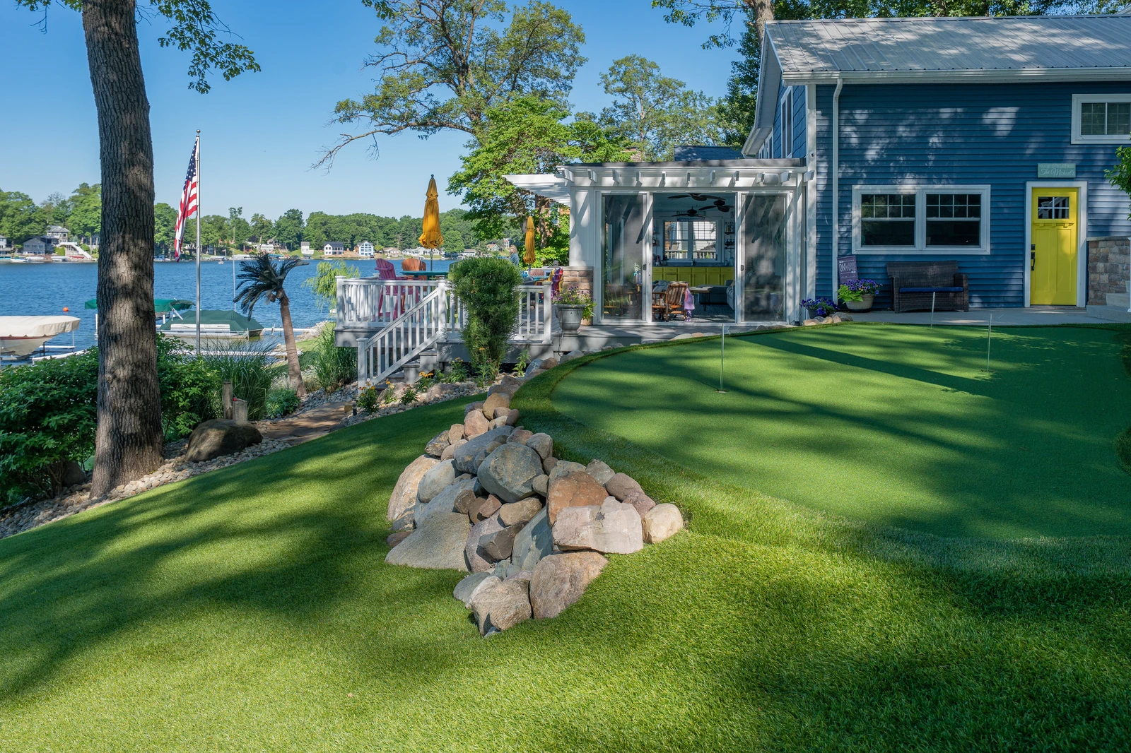 LandScapes® Verana artificial turf installation at Big Long Lake, Wolcottville, Indiana