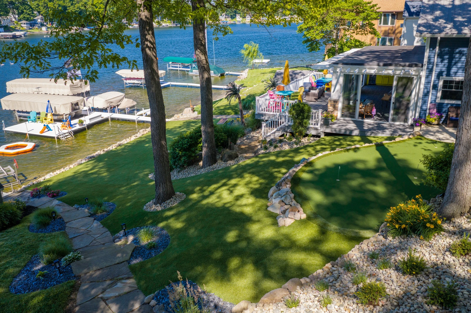 LandScapes® Verana artificial turf installation at Big Long Lake, Wolcottville, Indiana