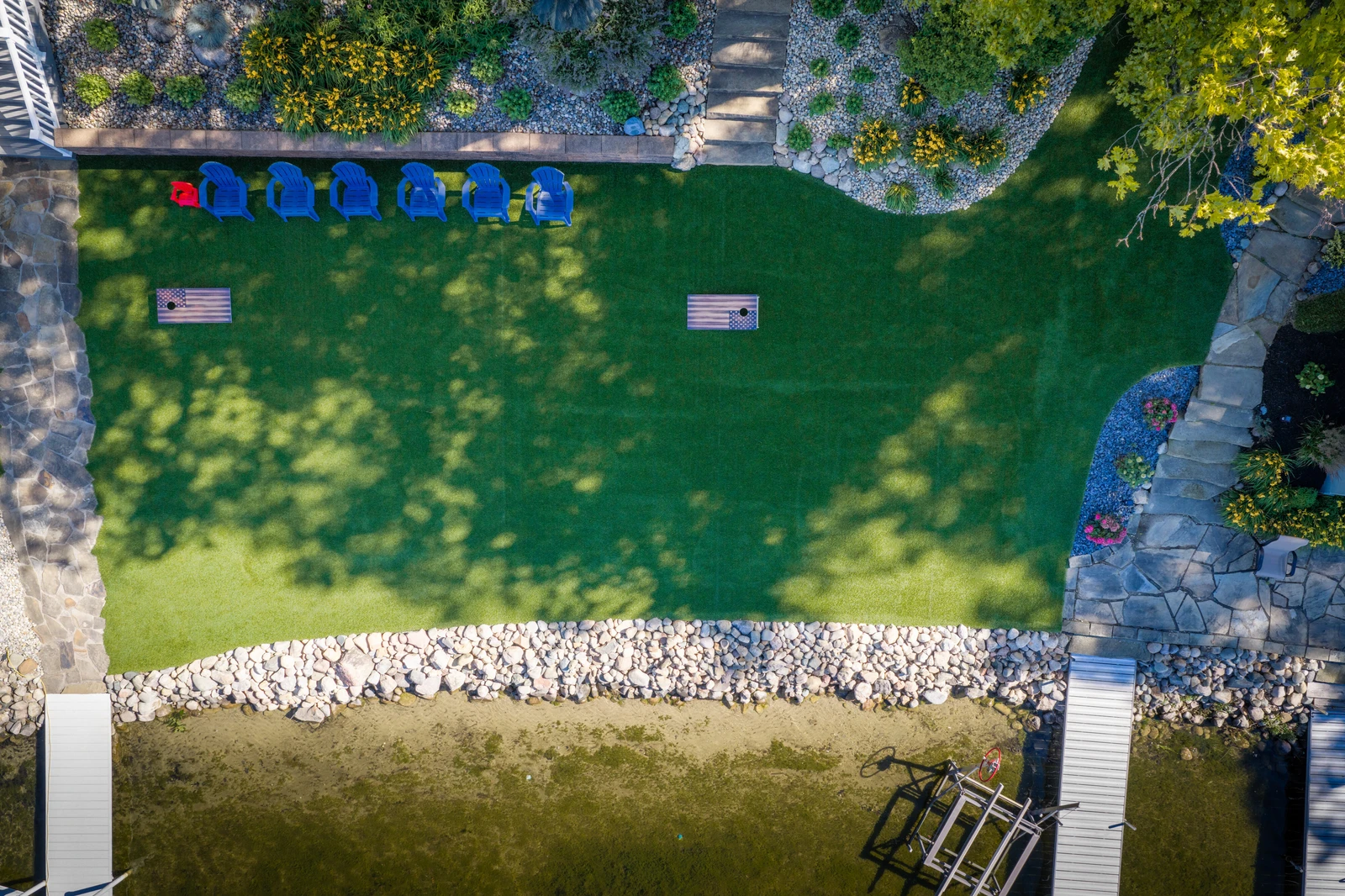LandScapes® Verana artificial turf installation at Big Long Lake, Wolcottville, Indiana