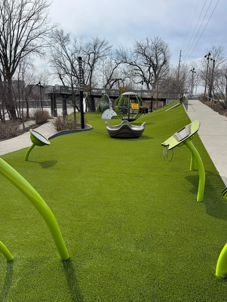 Playground Grass™ artificial turf installation at Promenade Park, Fort Wayne, Indiana