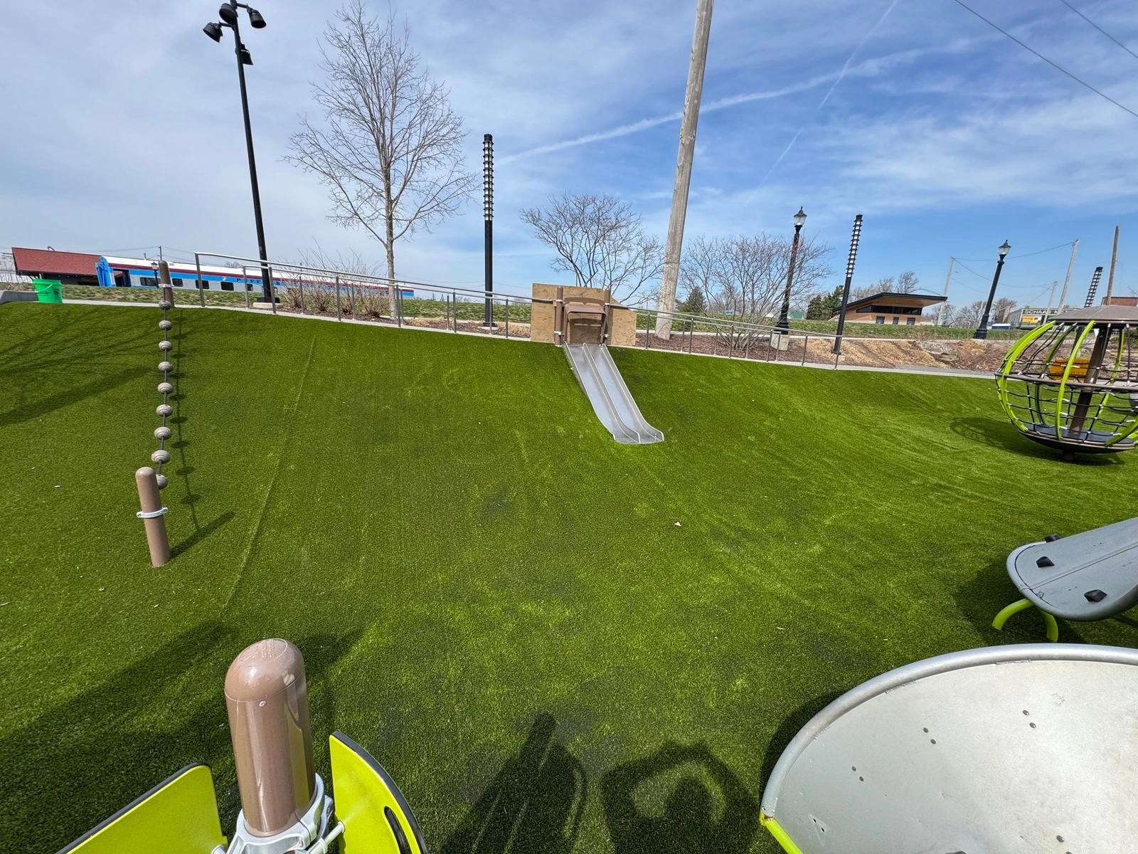 Playground Grass™ artificial turf installation at Promenade Park, Fort Wayne, Indiana